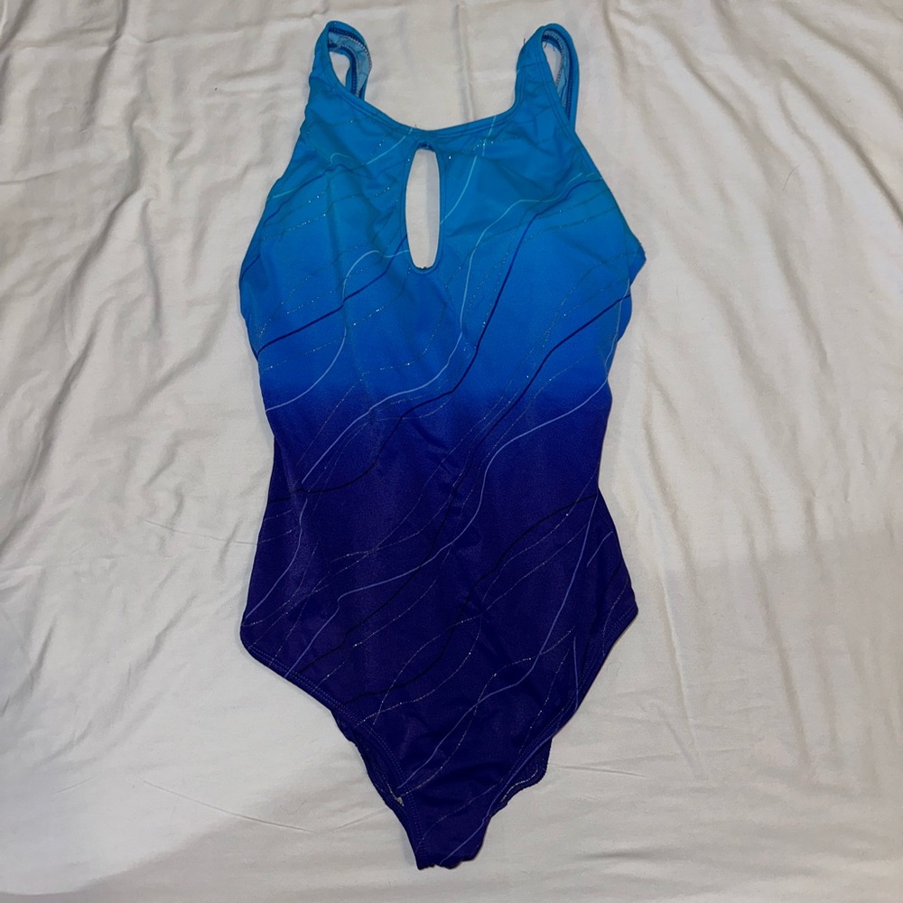 Vintage Delta Burke Wonens Gradient Blue One-Piece Swimsuit with Keyhole